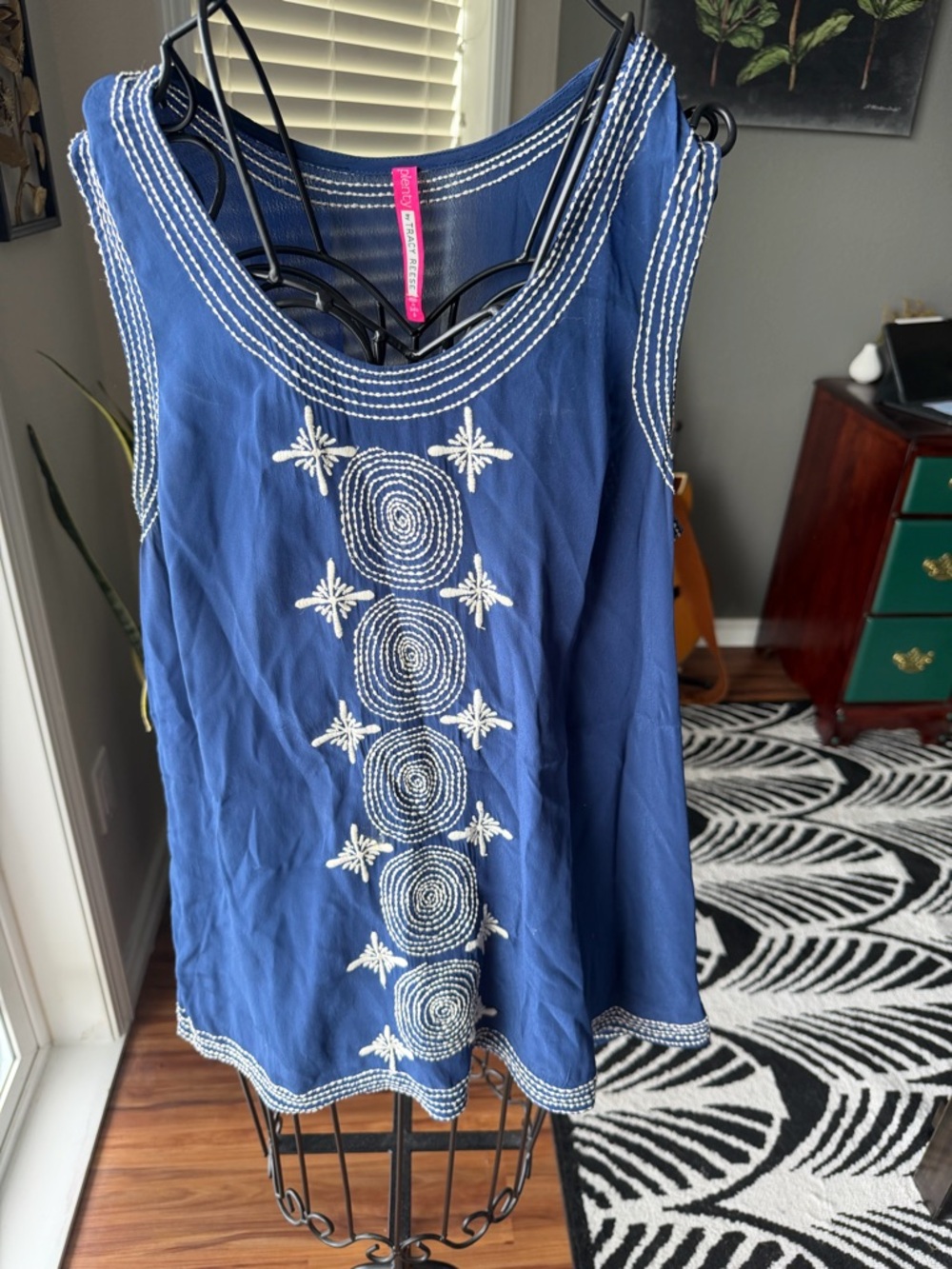 Tracy Reese Blue Embroidered Sleeveless Tunic with Pink Label